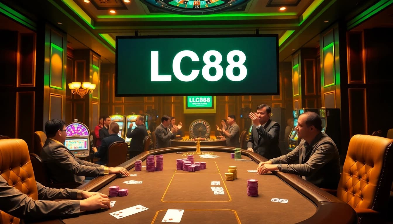 Players celebrating a big win at LC88 casino with vibrant poker chips and cards on display.