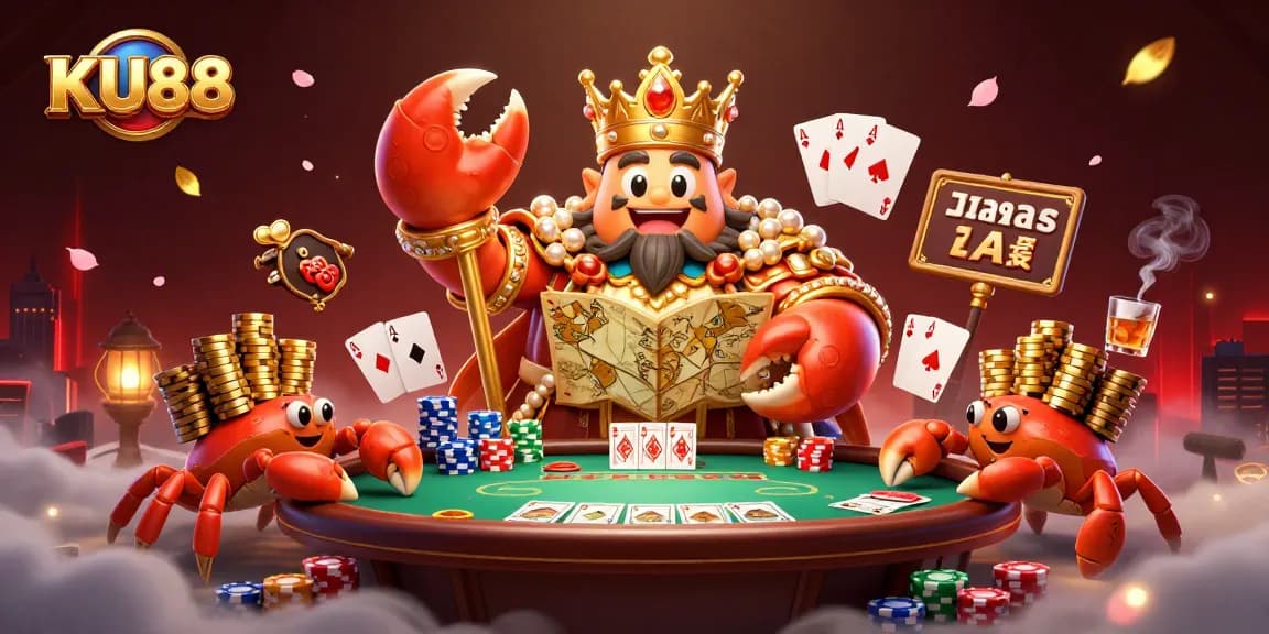 Engage in thrilling play at KU88 with a golden crab emperor overseeing poker chaos.