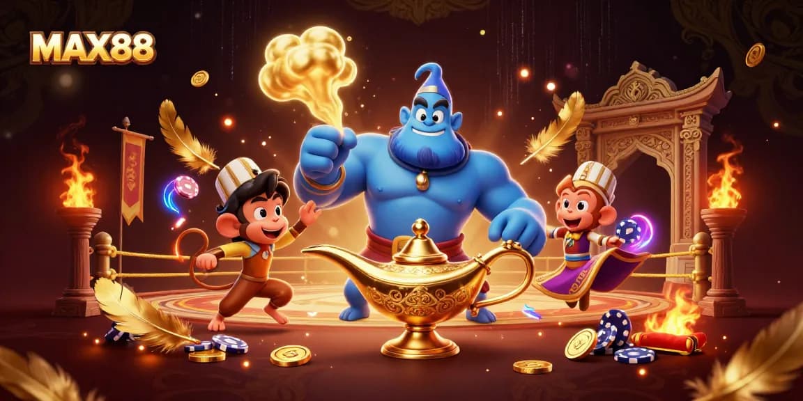 Experience the thrill of gambling at MAX88 with this vibrant 3D casino scene featuring a genie, monkey, and poker chips.