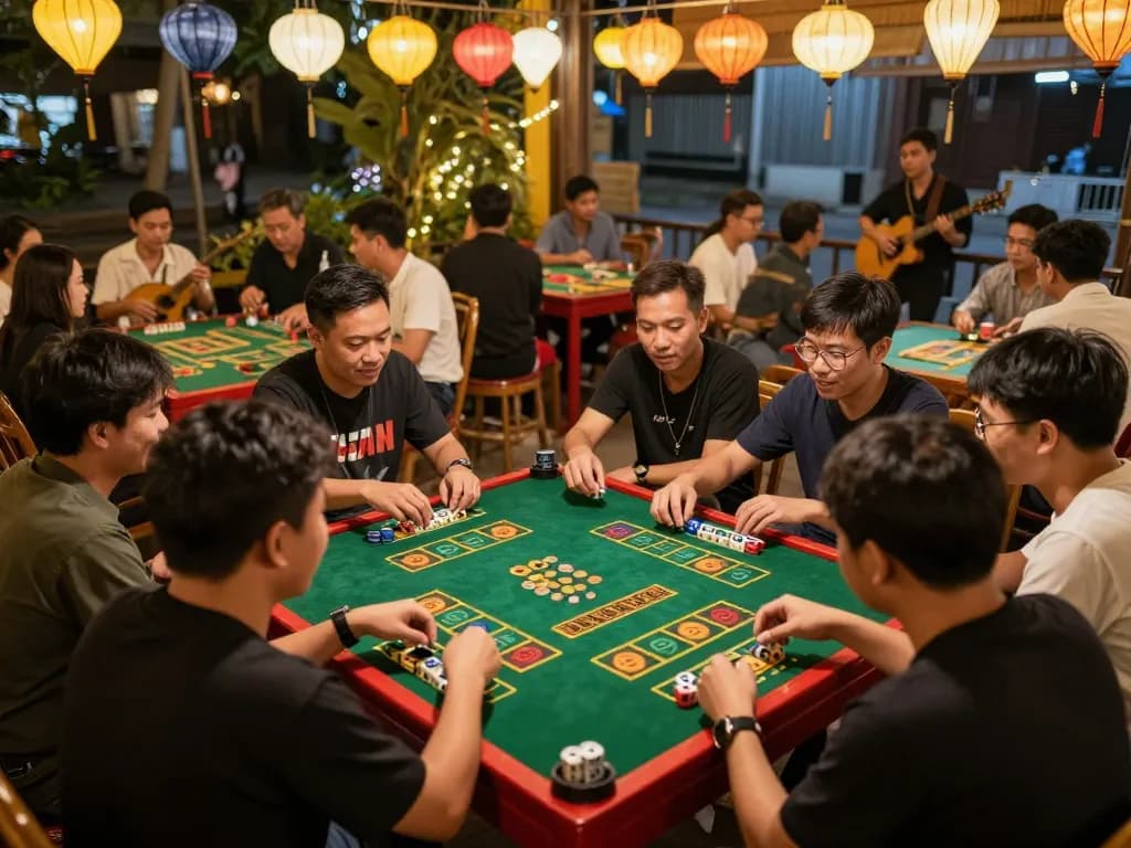 Players enjoying an exciting xóc đĩa game at a festive outdoor event, showcasing dice and vibrant stakes
