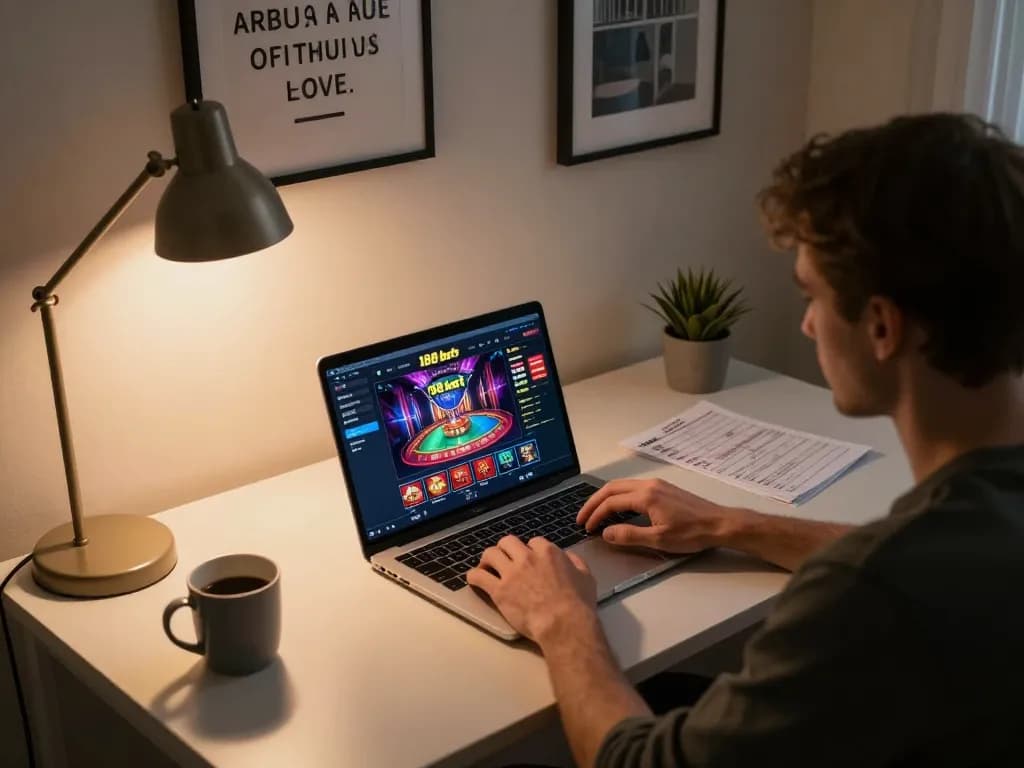 Engaged player using 188 bet online casino platform on laptop, showing strategic gameplay.