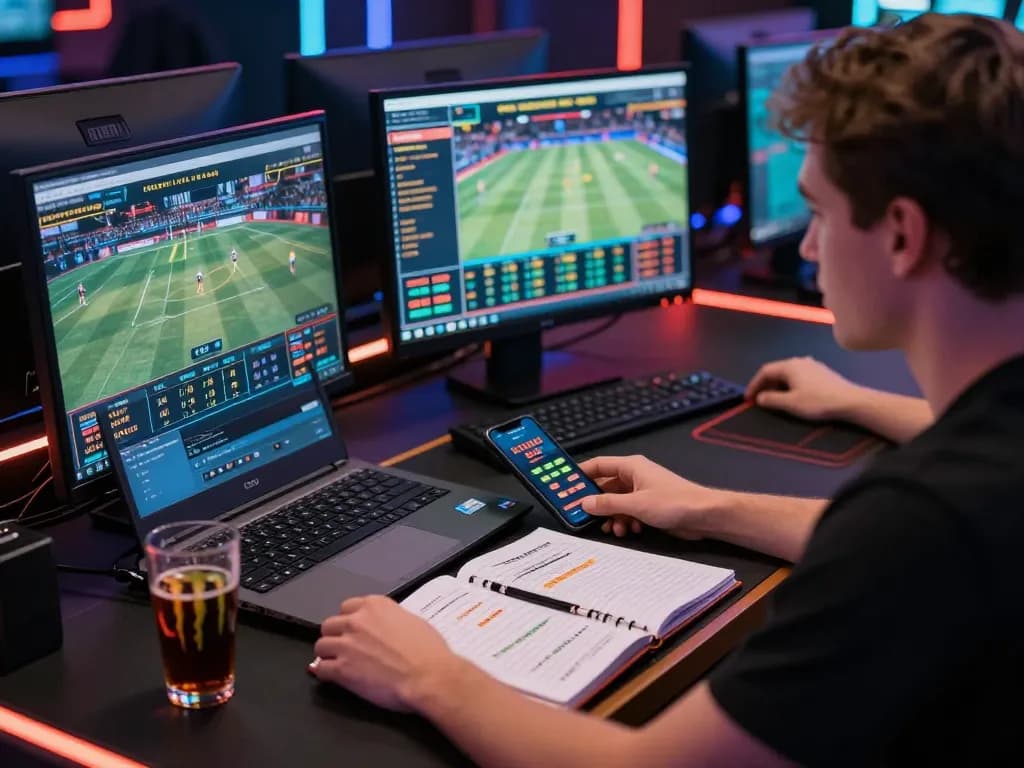 Engaged bettor utilizing bl555 platform for online sports betting at a modern setup with multiple screens and vibrant lighting.