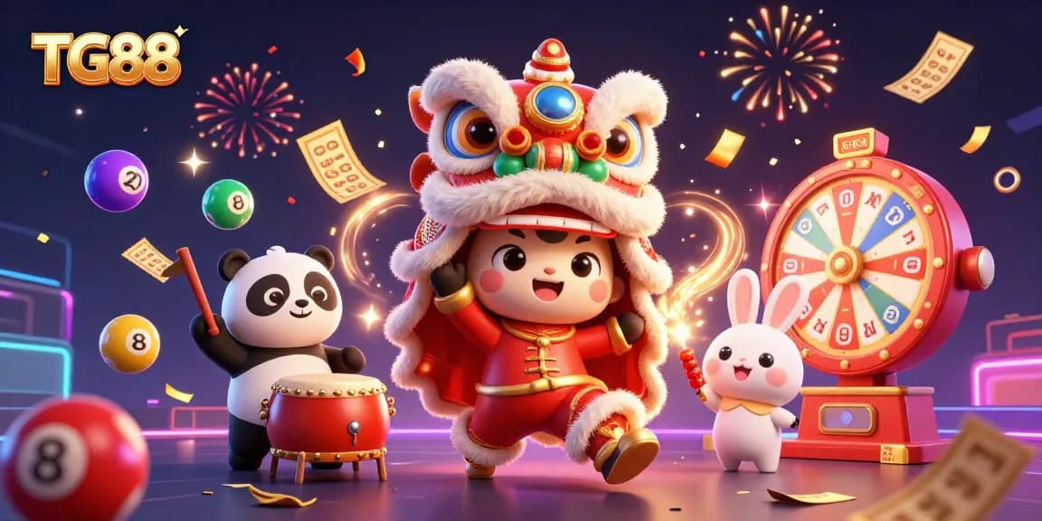 Experience the excitement of TG88 with vibrant gambling elements and festive characters in a dynamic 3D illustration.