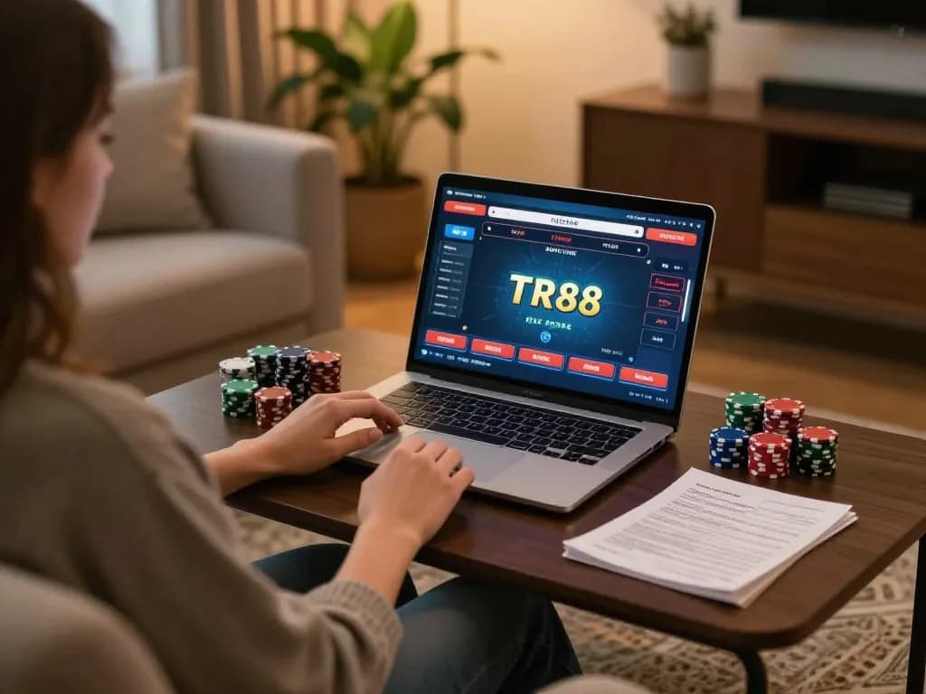 Engaging in TR88 online poker game on a laptop in a cozy home setup.