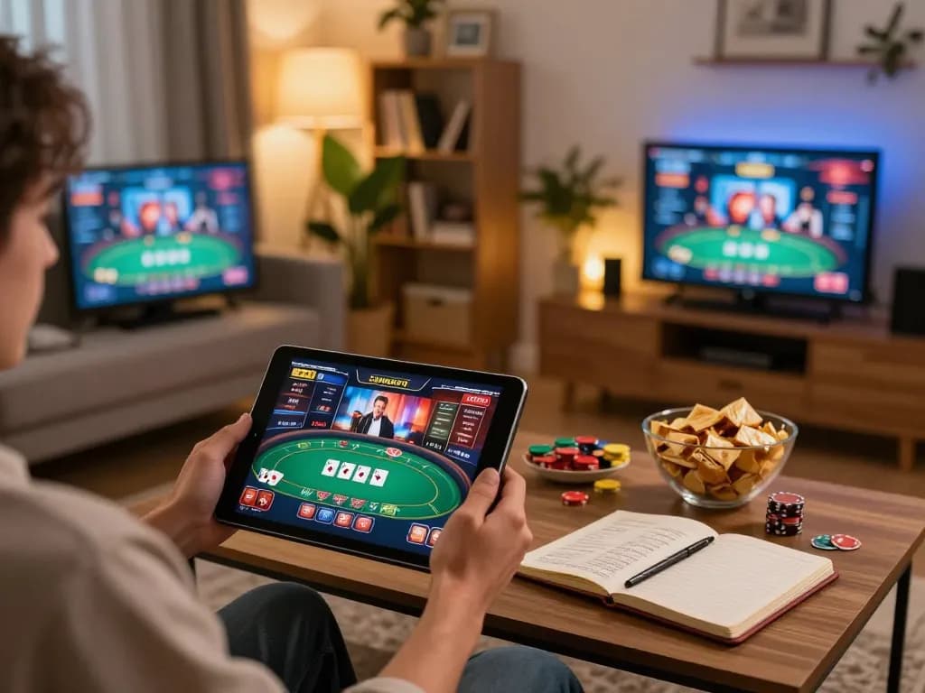tr88 players engage in online poker, experiencing immersive gameplay in a cozy setting.
