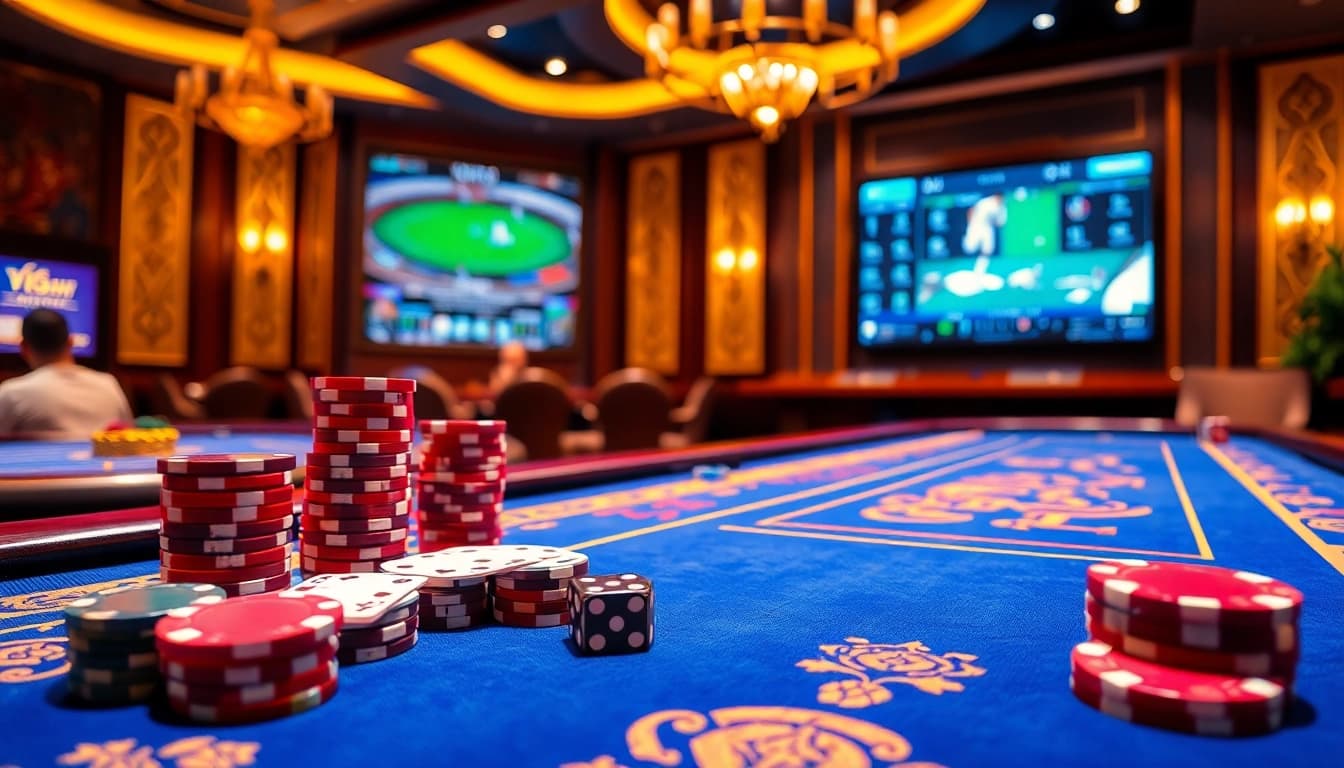 Engaging scene of online gambling with luongsontv displaying vibrant poker chips and cards, perfect for betting.