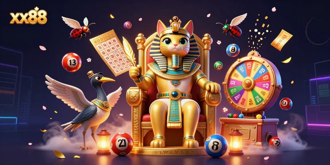 xx88 engages players with vibrant lottery balls and a captivating scene of the Egyptian pharaoh cat.