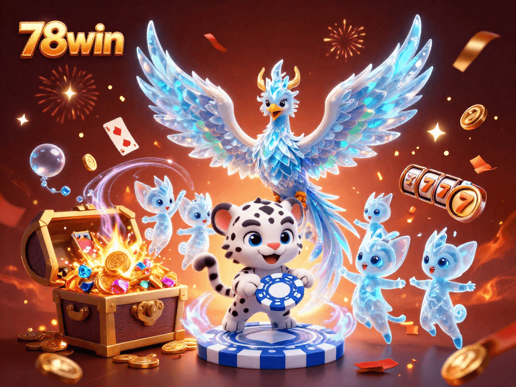 Engage with 78win's thrilling gameplay featuring an ice phoenix and vibrant casino elements in a dazzling scene.
