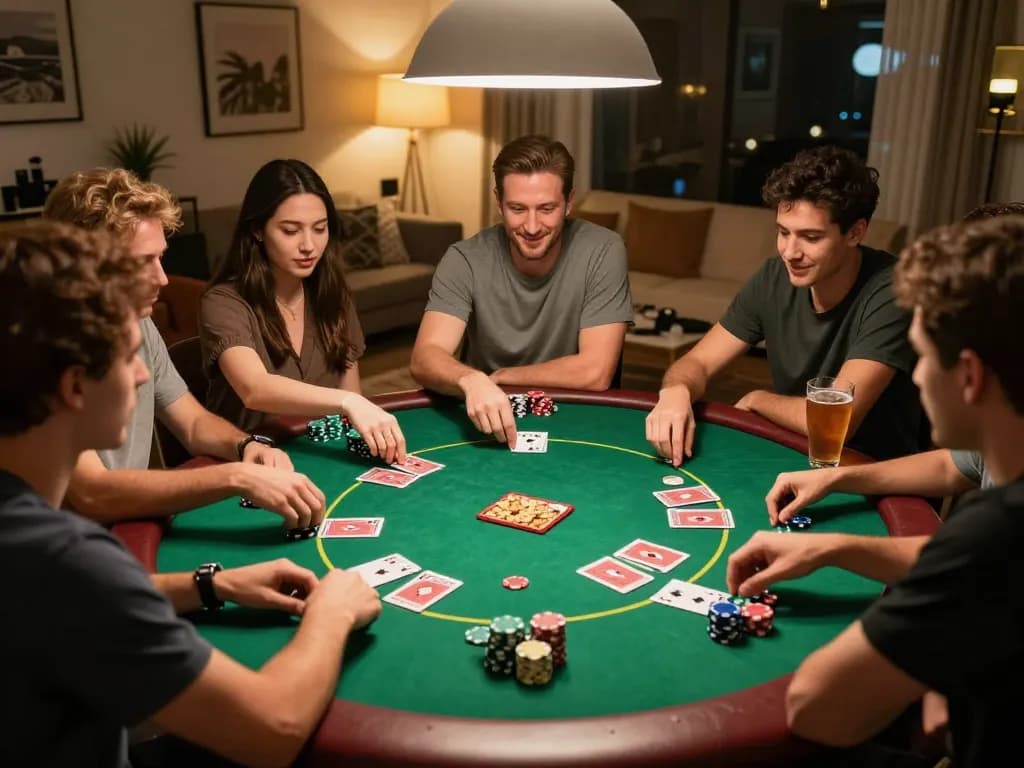 Engaging poker game scene at home showcasing friends enjoying 68win gaming experience while strategizing bets.