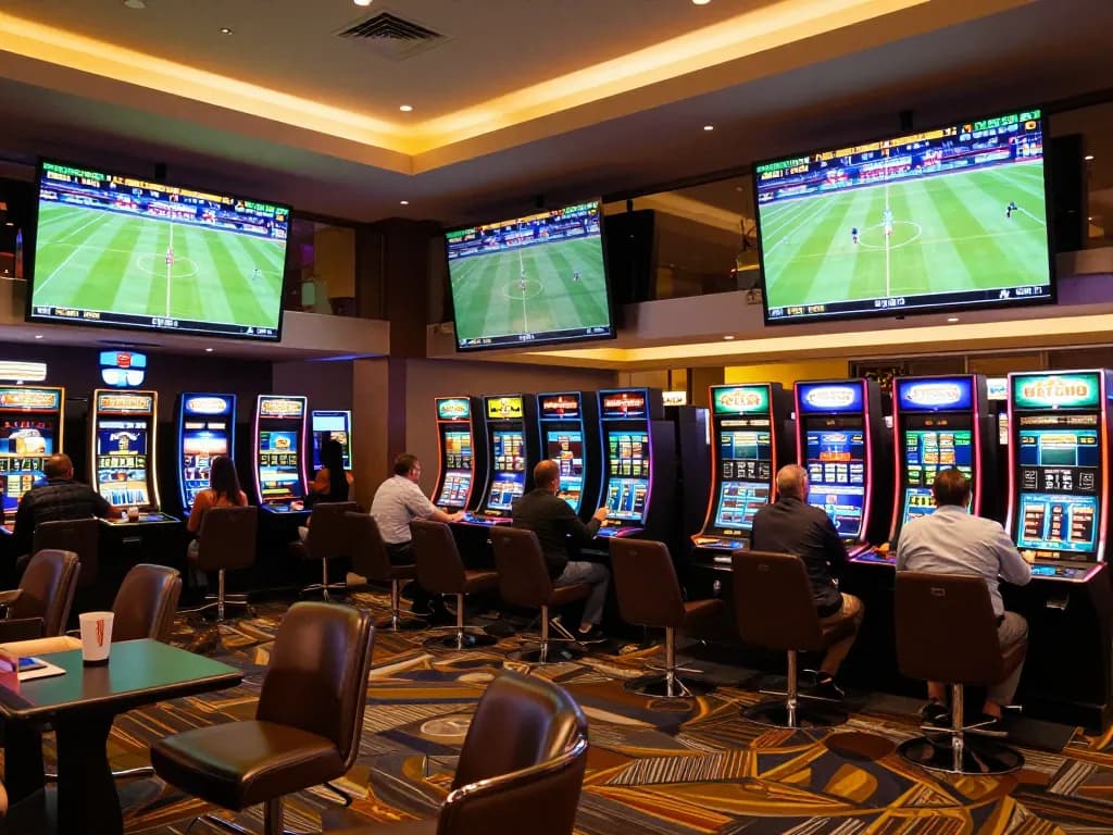 F168 sports betting area filled with excited patrons placing bets on live games.