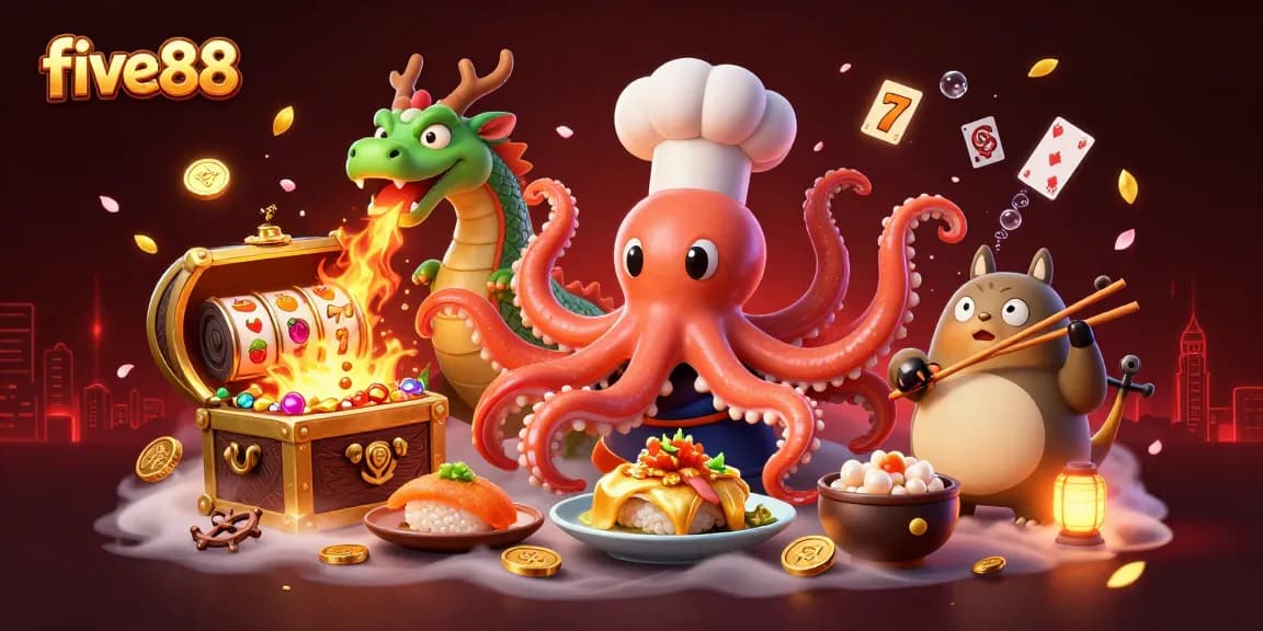 Experience five88's exciting world of slots with a cartoon chef and dragon amidst sparkling treasures.