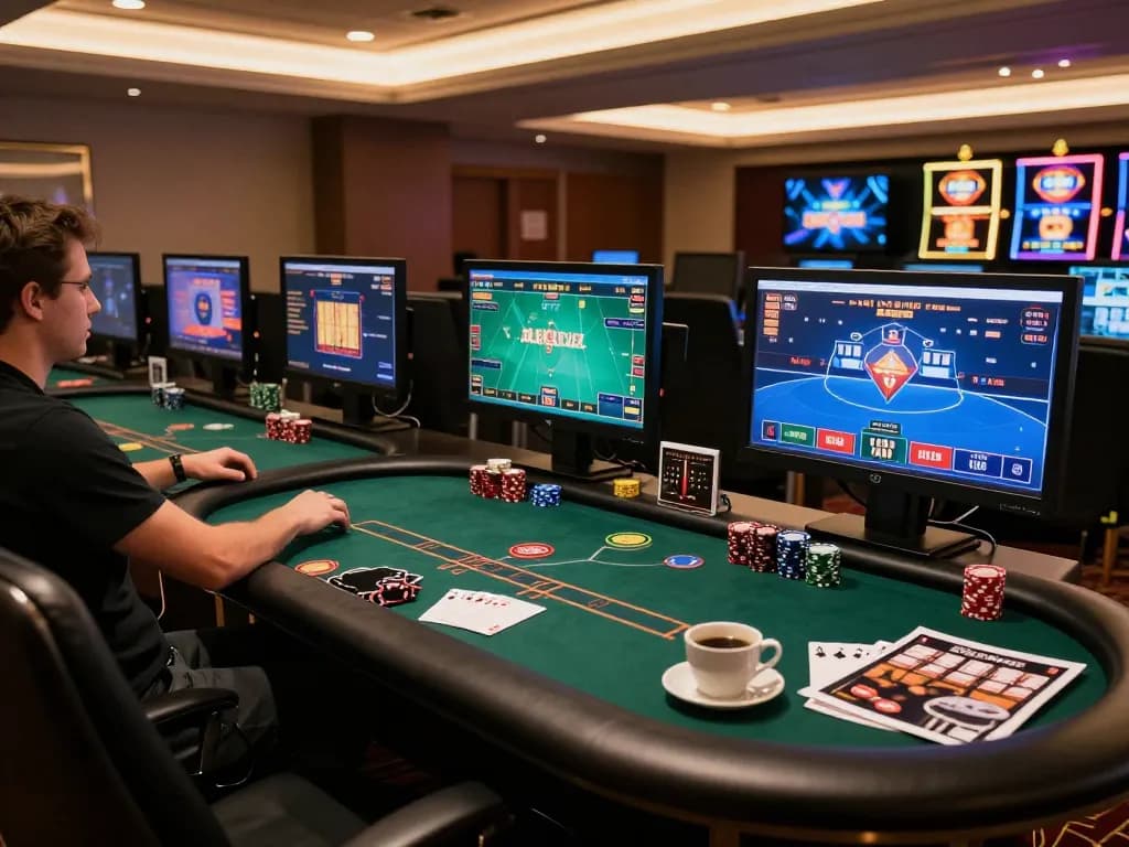 Player enjoying online casino games at xx88, showcasing poker and slots on multiple screens