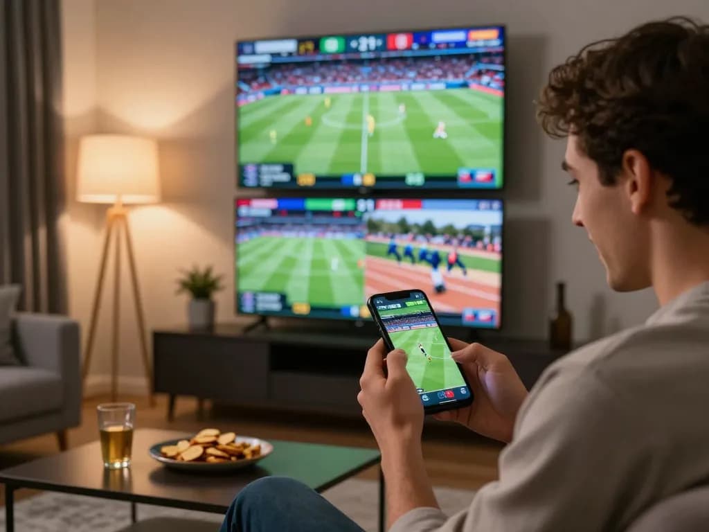 Placing live bets on sports events with keobongda using a smartphone in a stylish living room setting.