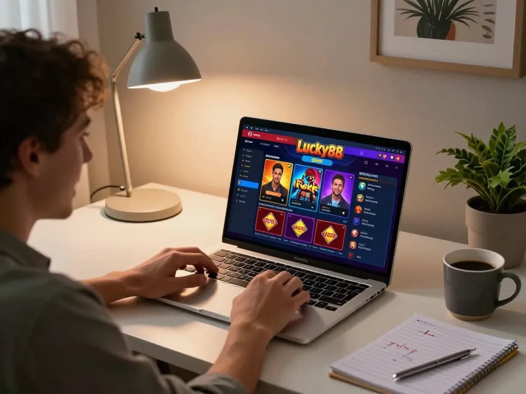 Playing lively casino games at https://lucky88.sbs/ with a laptop in a stylish home setup, vivid colors and warm ambiance enhance the gaming experience.