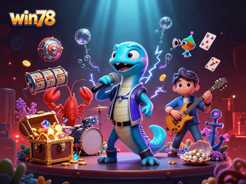 Win78 vibrant underwater casino scene with an electric eel DJ, lobster drummer, and seahorse guitarist.