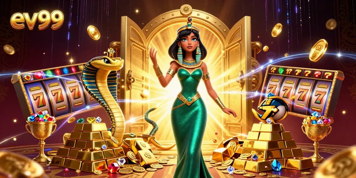 Spin and win with ev99's vibrant casino scene featuring jewels, slot reels, and a cobra!