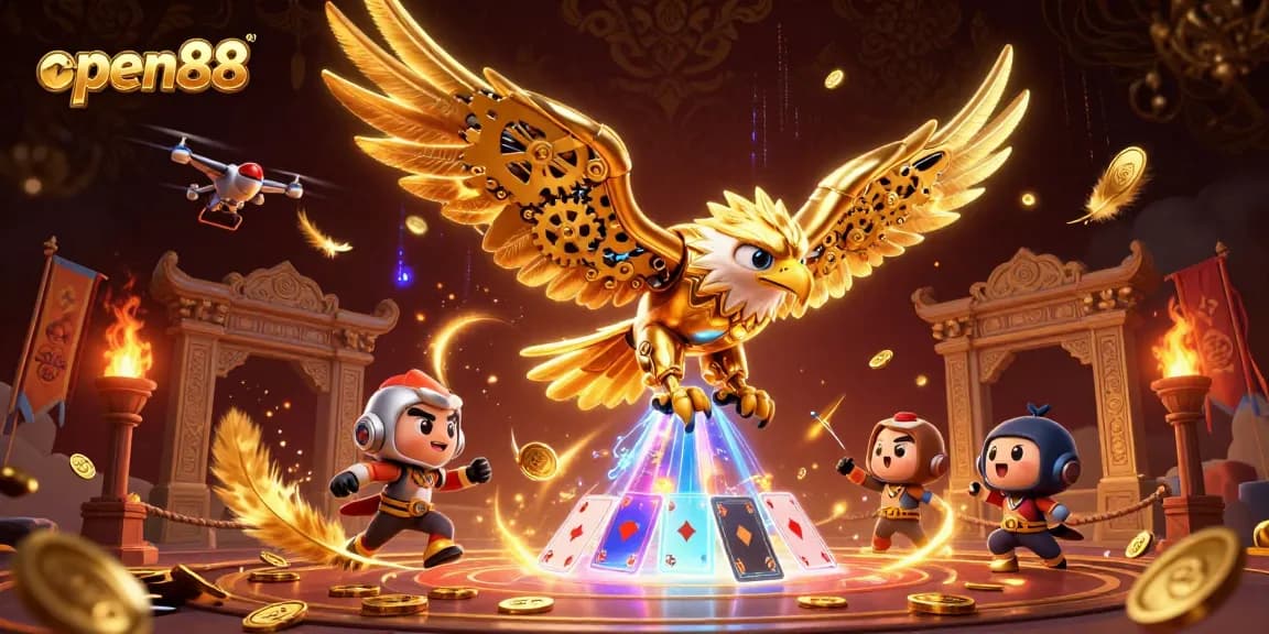 Experience thrilling action at open88 with a cybernetic eagle amidst golden game elements