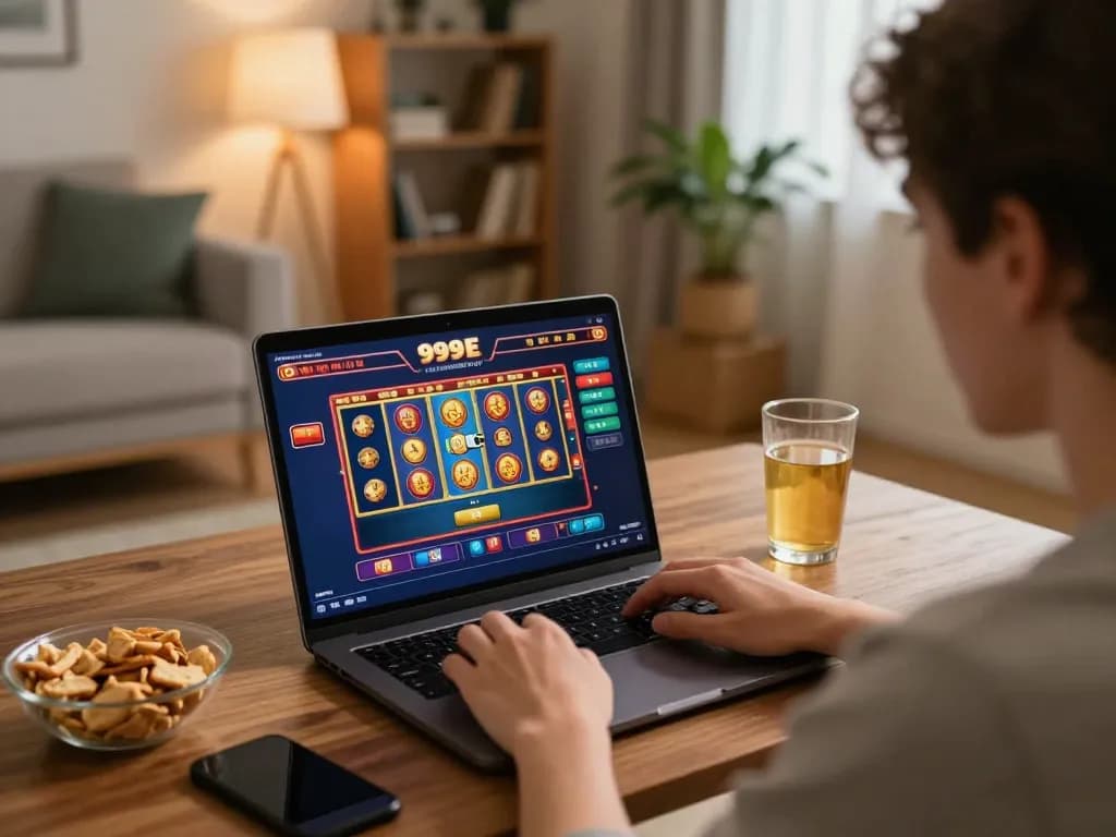 Player using the 999E online casino interface on a laptop in a cozy home setting.
