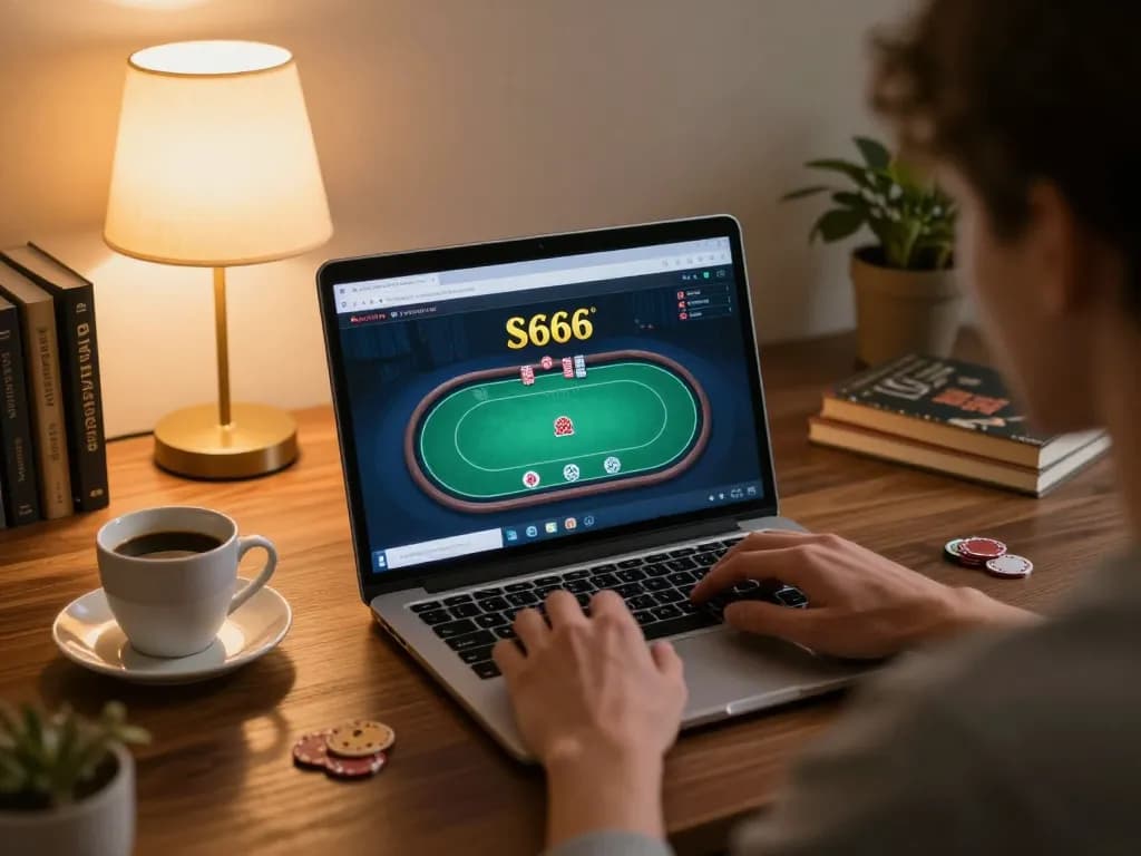 Engaging online gambling moment showing S666 đăng nhập on laptop with cozy home atmosphere
