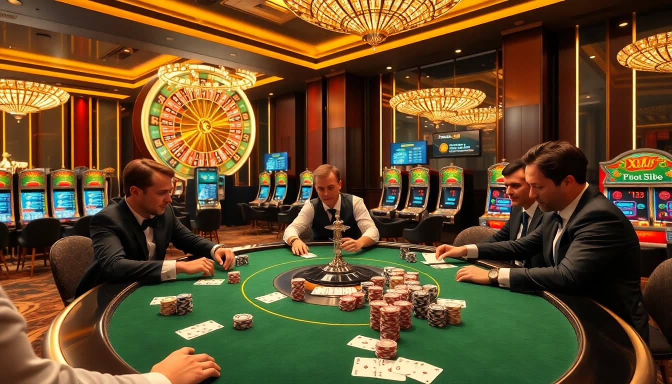 Exciting gaming scene at nhà cái XX88, featuring high-stakes poker and elegant casino elements.