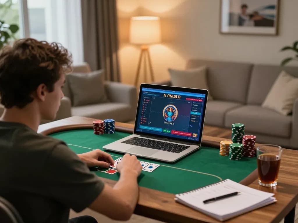 GG88 player engaged in strategic online poker at a stylish home workspace