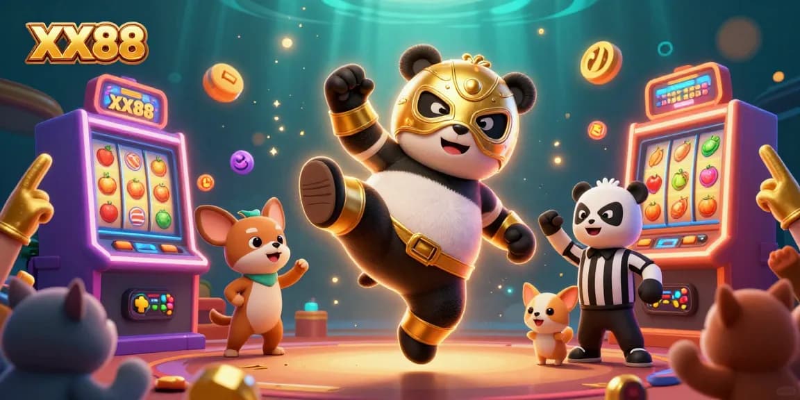 Experience thrilling wins with XX88 in a vibrant casino scene featuring a wrestling panda!