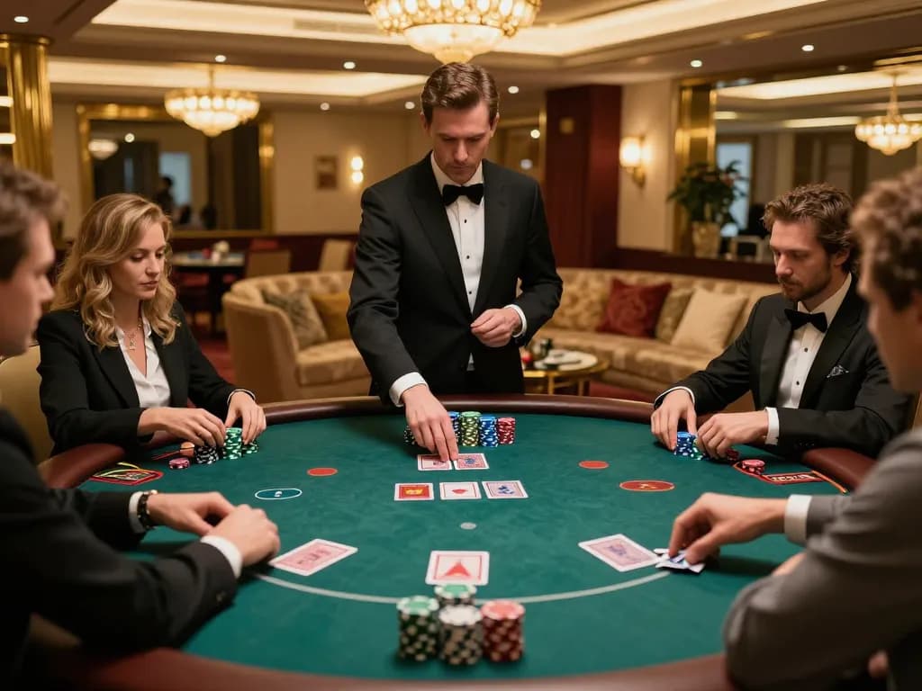 nk88 players enjoying high-stakes poker in an elegant casino VIP room with warm lighting.
