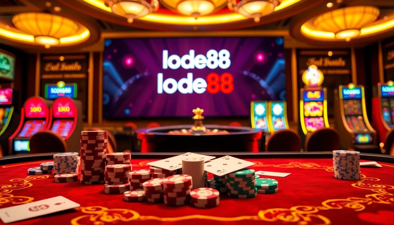 Lode88 gaming table with vibrant chips and cards in a luxurious casino setting.