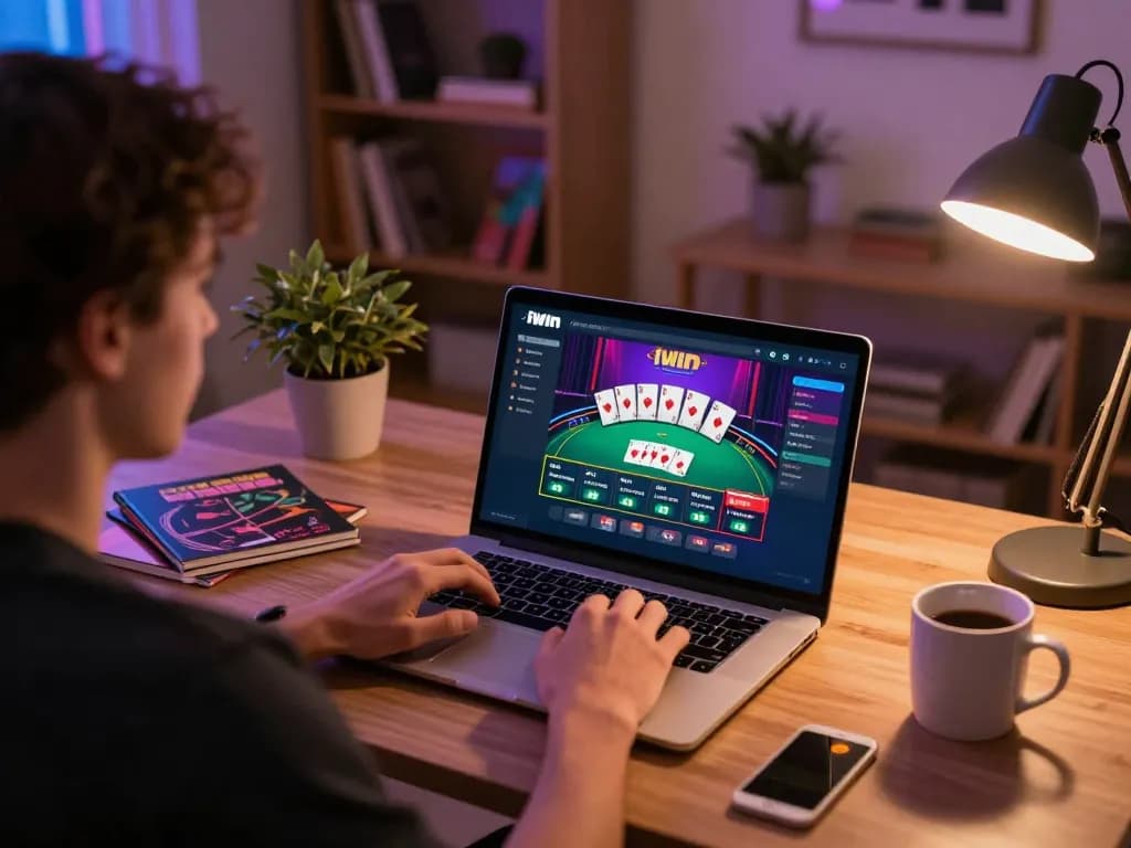 Engaging in online gaming at home on the iWin platform with colorful visuals and personal strategy notes.
