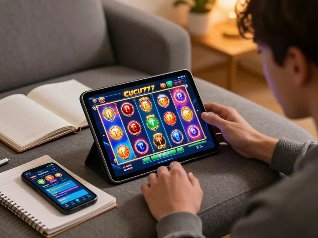 Engaging online gameplay on CUCU777 showcasing colorful slots and strategic tracking at home.