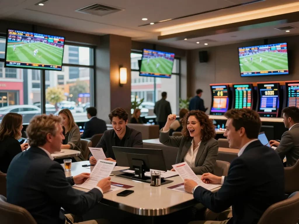 The excitement of strategic betting at a vibrant sports lounge featuring 90P odds on large screens