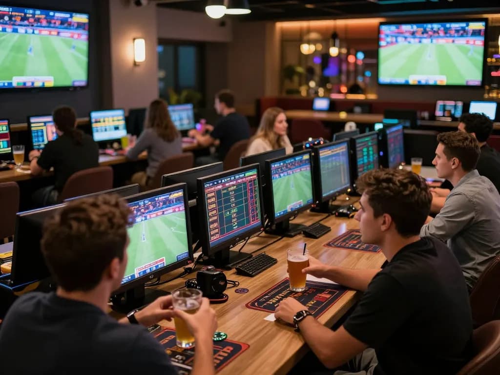 Engaged bettors analyzing odds at a vibrant sports betting lounge showcasing stepballl excitement.