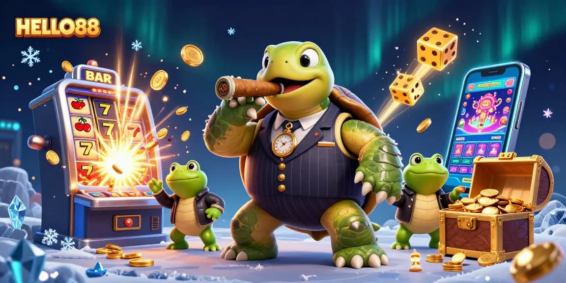 HELLO88 delights players with a vibrant casino-themed illustration showcasing a snapping turtle in a suit and dynamic gaming elements.