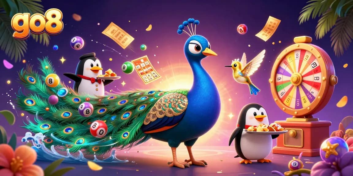 Experience excitement with go8 as a vibrant scene unfolds featuring colorful lottery balls and energetic characters.