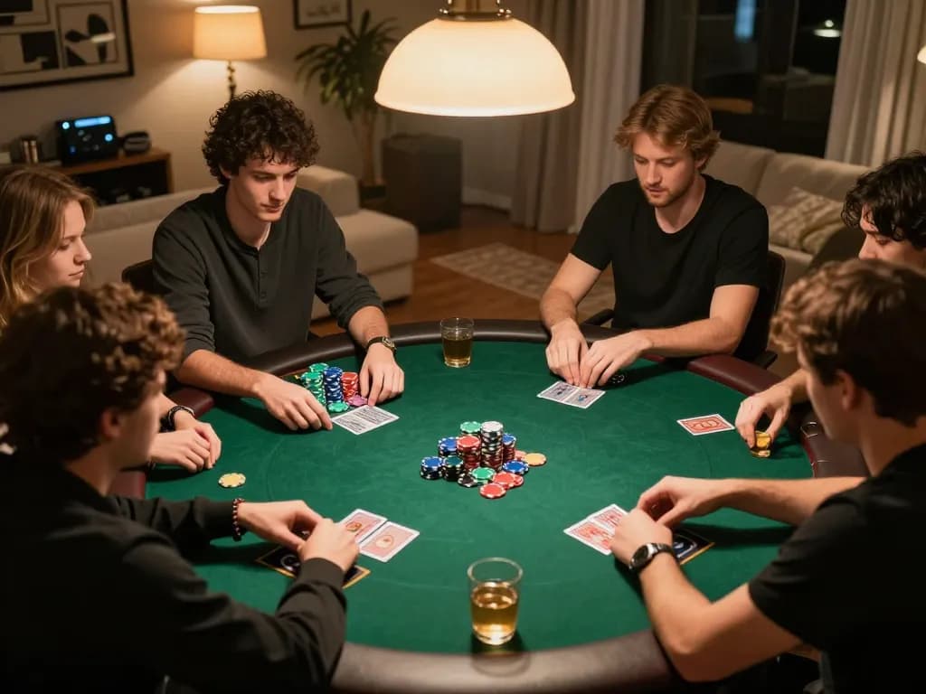 Zowin players focusing on their cards and chips during an engaging poker game night.