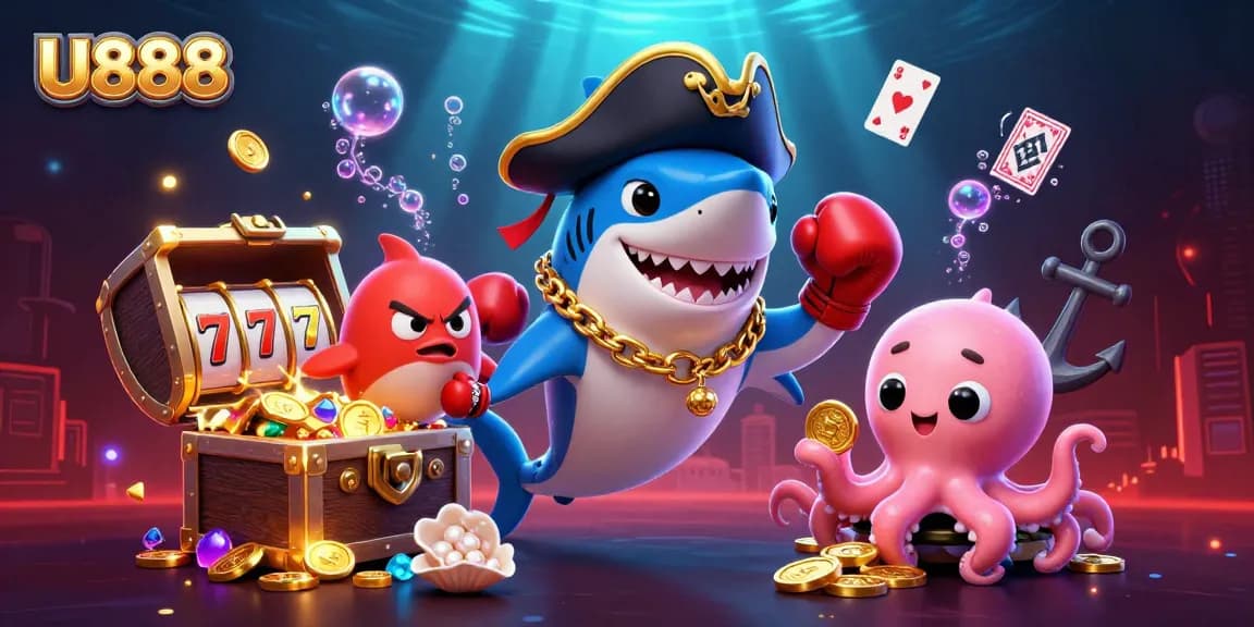 Win big with U888 in this vibrant underwater casino illustration featuring dynamic characters.