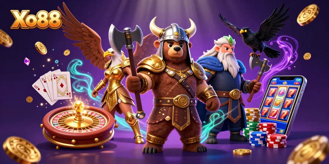 Xo88 showcases a vibrant 3D casino scene with a Viking bear, Valkyrie eagle, and dynamic gaming elements.