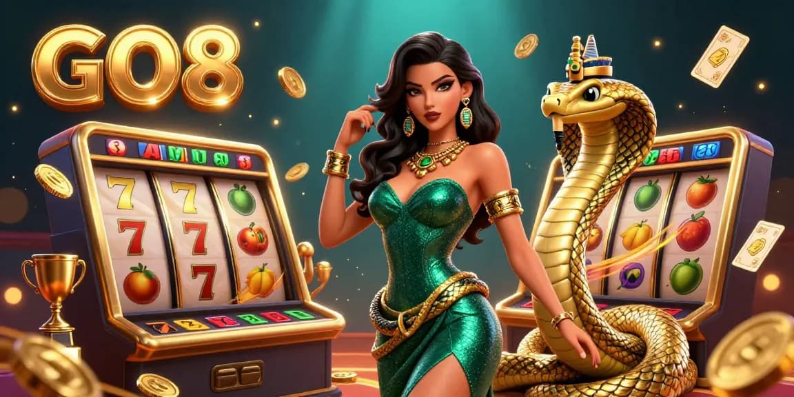 Engage in thrilling gameplay with GO8's stunning casino scene featuring slots and vibrant gold elements.