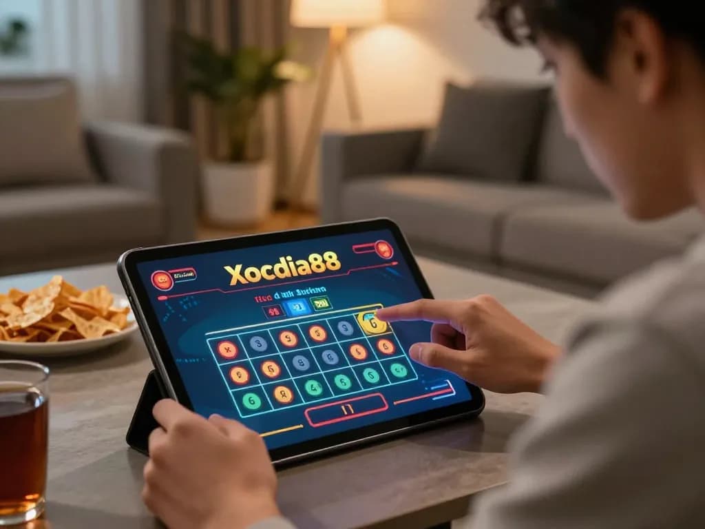 Xocdia88 player placing a bet in a cozy home setting during an online xóc đĩa game.