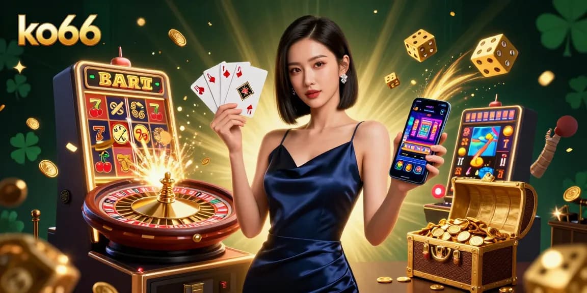 Engage with ko66's exciting games featuring a stunning woman holding a golden chip and smartphone amid jackpot wins.