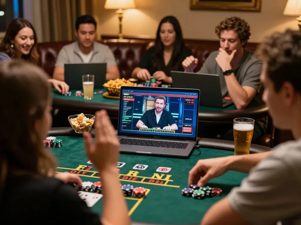Players enjoying live dealer blackjack on KKWIN from a cozy home setting with laptops and snacks.