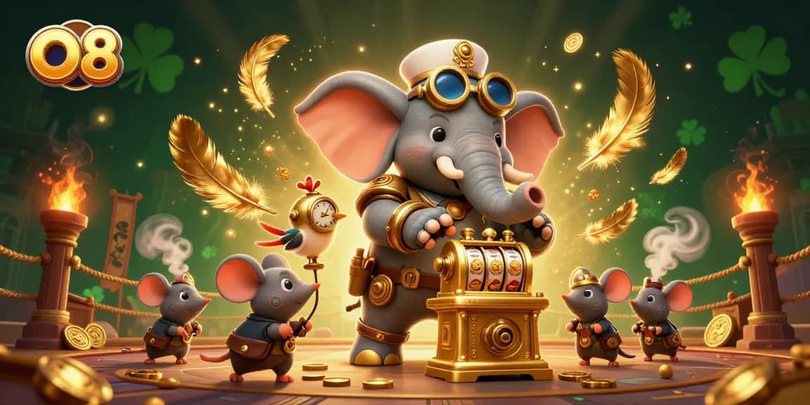 Spin the O8 jackpot with vibrant colors and unique steampunk elements in this thrilling casino scene.