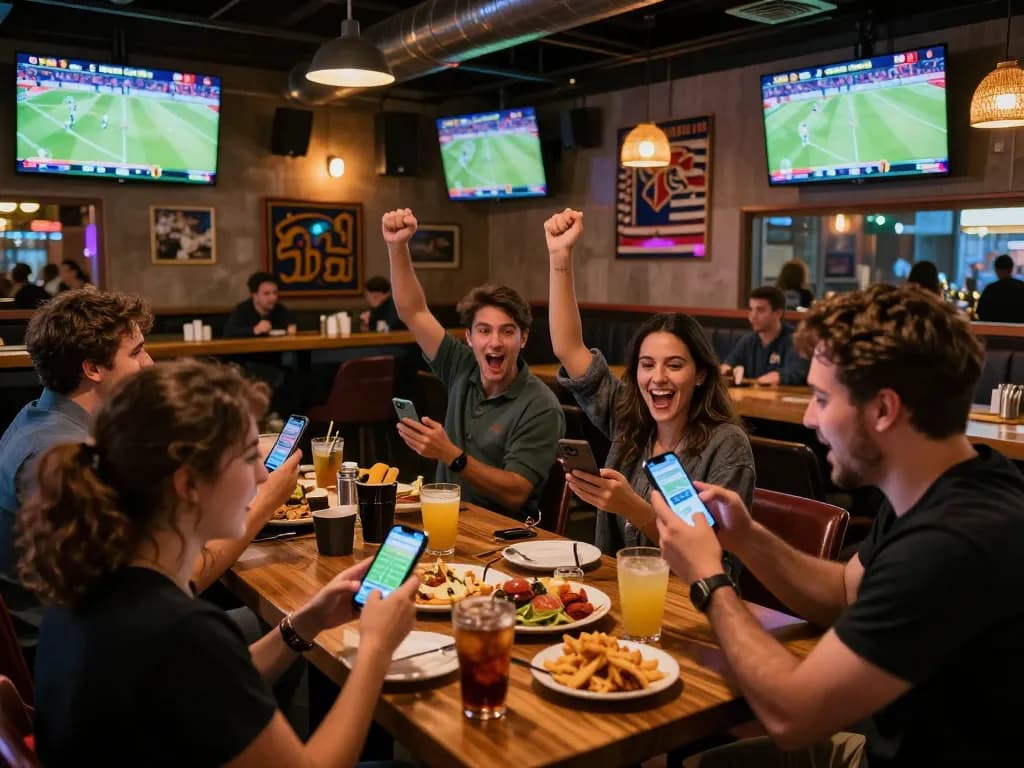 Engaging in live sports betting on mobile app while watching vebo tv in a lively sports bar atmosphere