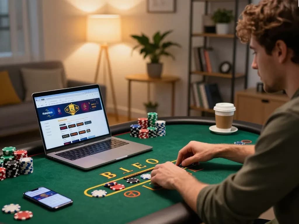 Experience online gambling at HM88 with dynamic live blackjack gameplay and cozy home setup.