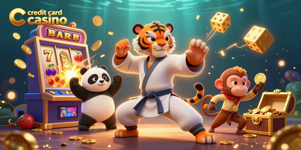 Engage with the lively scene of a credit card casino featuring a kung fu tiger, panda, and monkey amidst colorful gaming elements.