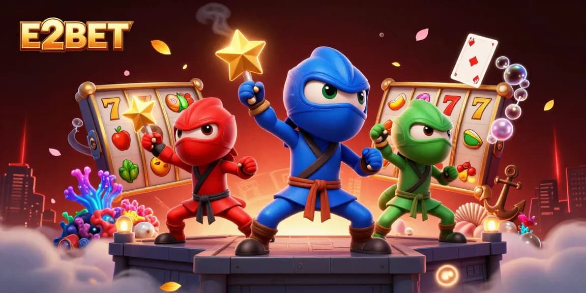 E2BET offers players thrilling slot adventures with dynamic chameleon ninja heroes in a casino setting.