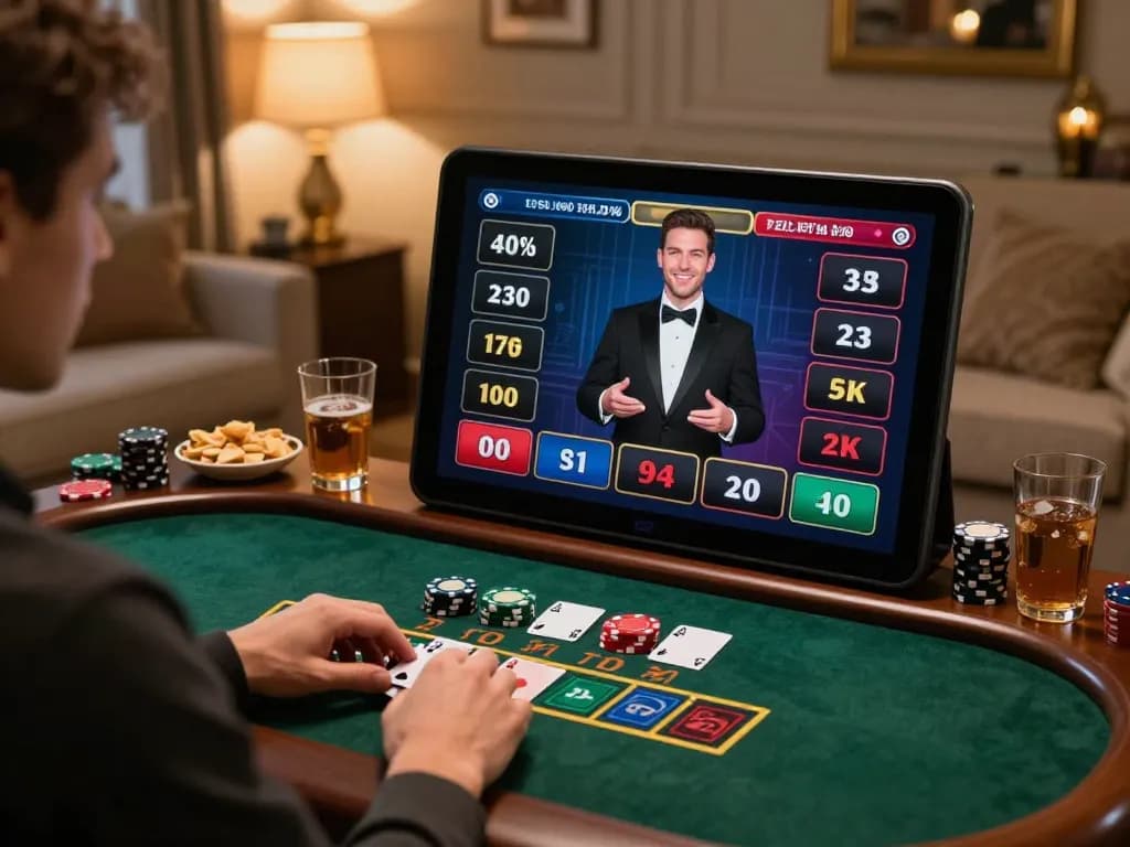 Person enjoying live blackjack on tablet at nhà cái jun88 with strategic gameplay and cozy atmosphere.
