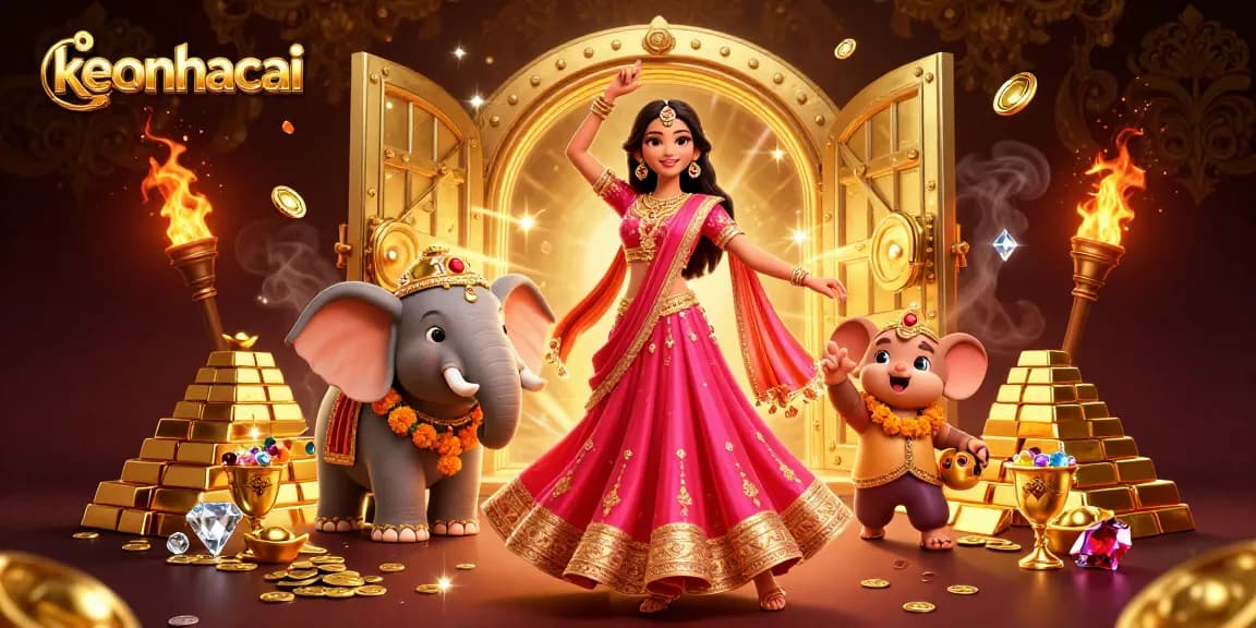 Engage with keonhacai through vibrant casino-themed 3D illustration featuring gold and jewels.