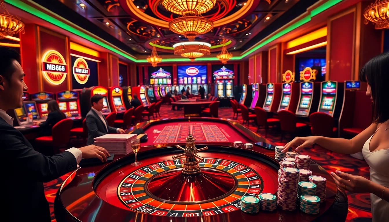 Experience the thrill of MB66 with glamorous casino tables and vibrant gaming ambiance.