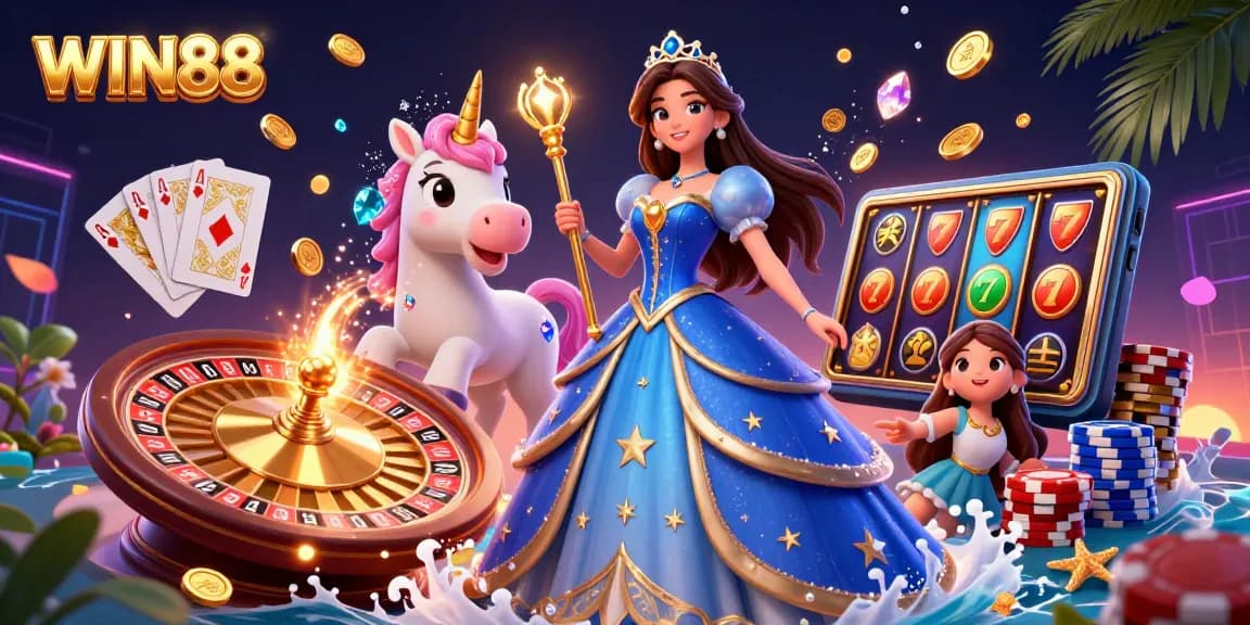 Win88 showcases a stunning 3D illustration of a royal heroine and a cartoon unicorn amidst cascading gems and poker elements.